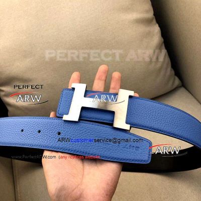 Perfect Replica Hermes Blue Leather Belt Black Back With Stainless Steel Buckle